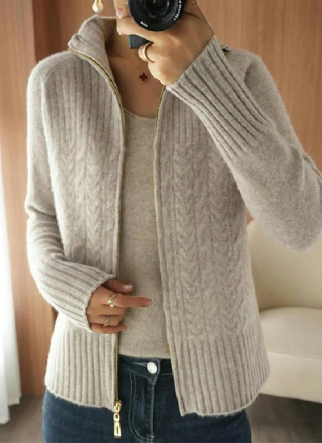 Plain Womens Cardigan Sweater Zip V-Neck Cable Knit Sweaters Fall Fashion Outfits 2024 and Womens Tops