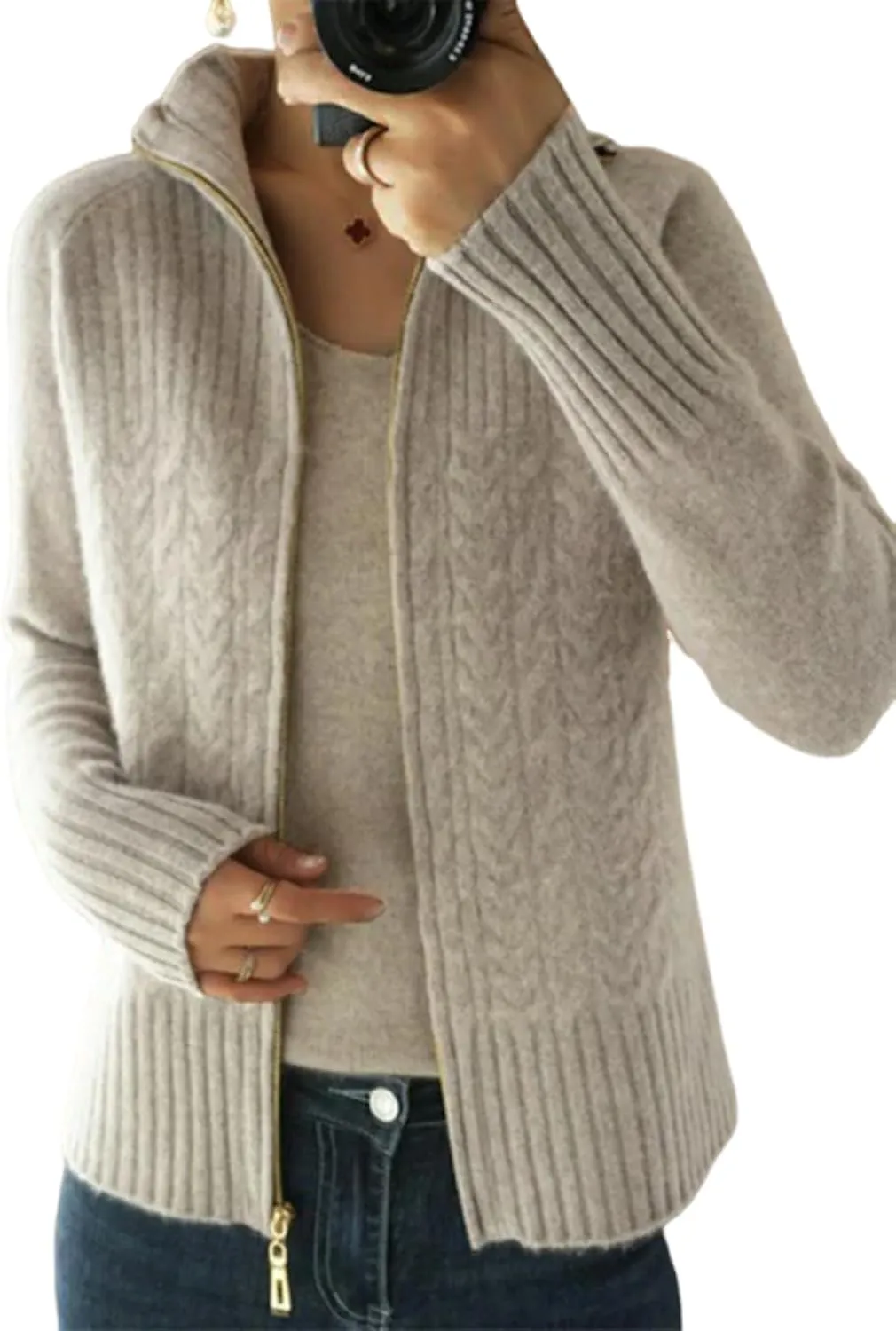 Plain Womens Cardigan Sweater Zip V-Neck Cable Knit Sweaters Fall Fashion Outfits 2024 and Womens Tops