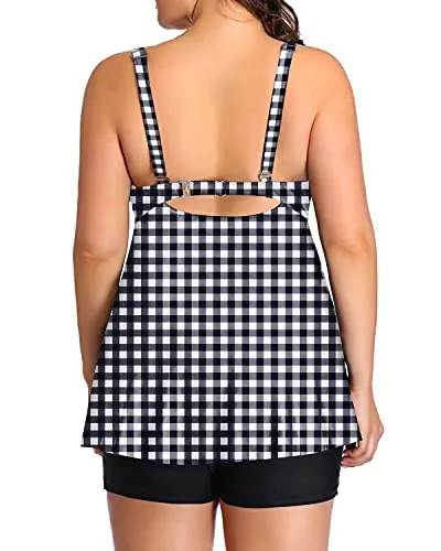 Plus Size 2 Piece Swimwear For Women Tankini And Boy Shorts-Black And White Checkered