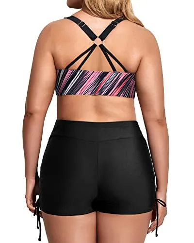 Plus Size 3 Piece Tankini Swimsuits With High Waisted Boyshort-Black And Pink Stripes