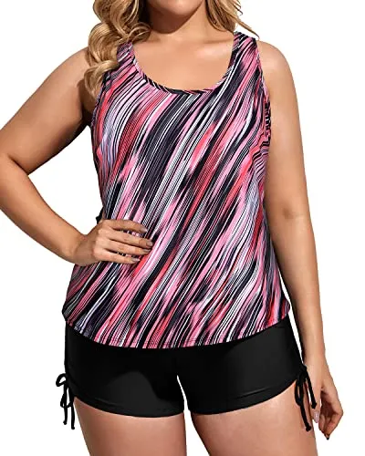 Plus Size 3 Piece Tankini Swimsuits With High Waisted Boyshort-Black And Pink Stripes