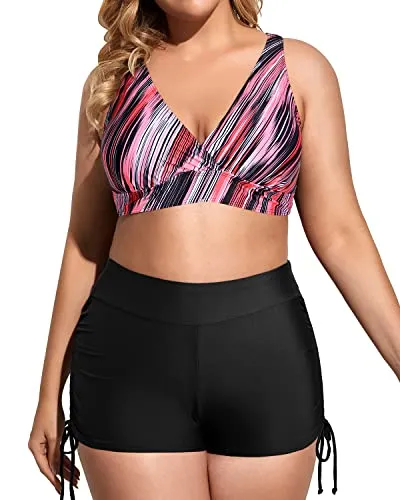 Plus Size 3 Piece Tankini Swimsuits With High Waisted Boyshort-Black And Pink Stripes