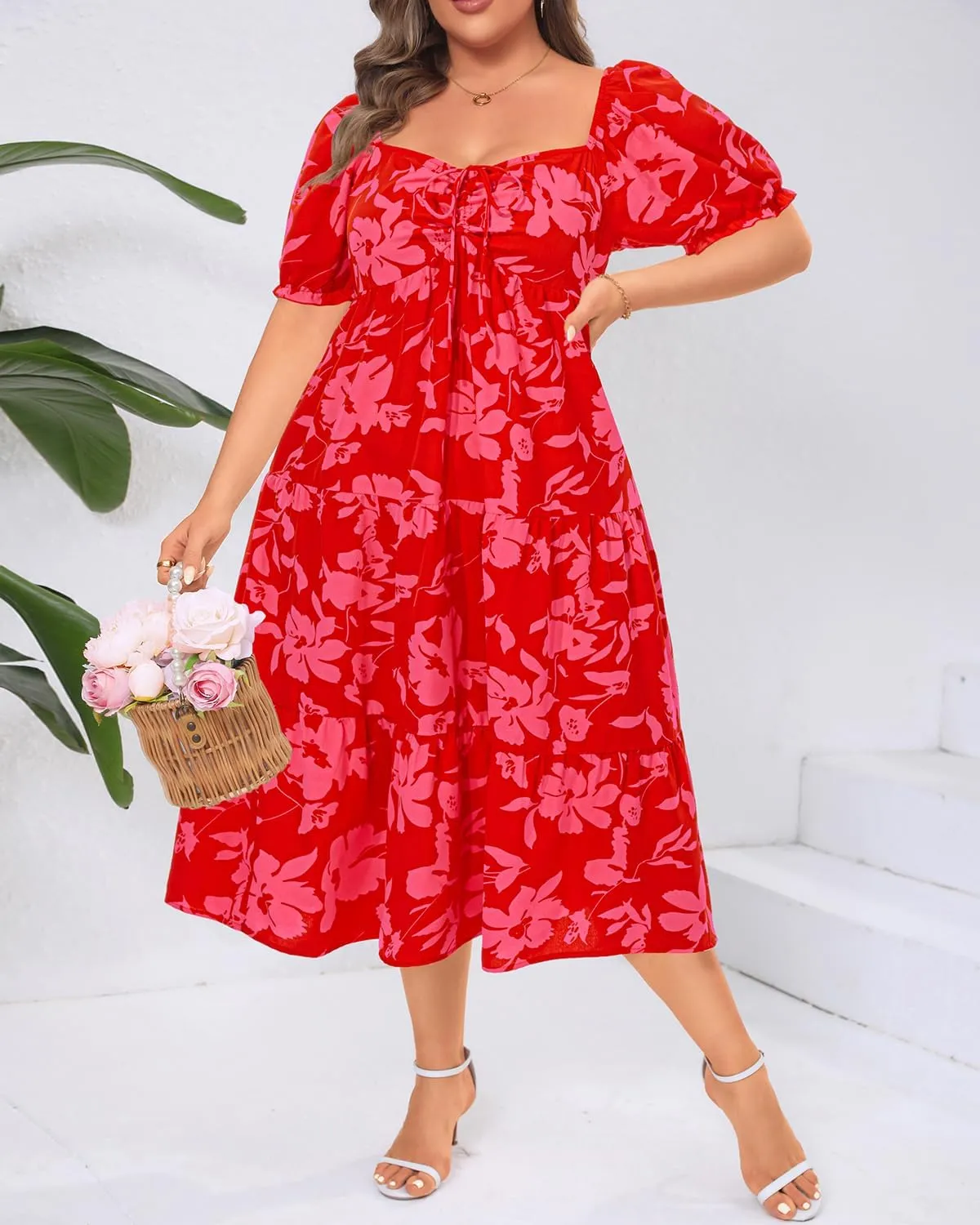 Plus Size Summer Dresses - Sweetheart Neck Drawstring Puff Sleeve Casual Wedding Guest Tiered Aline Flowy Midi Dress