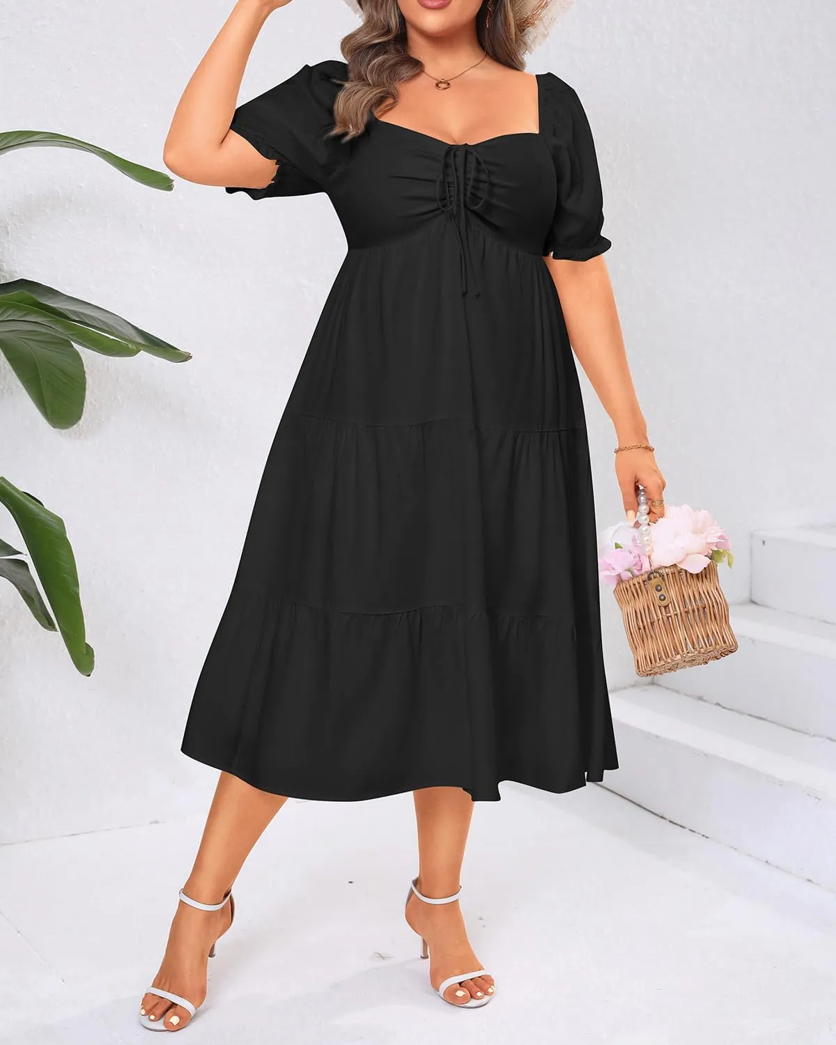 Plus Size Summer Dresses - Sweetheart Neck Drawstring Puff Sleeve Casual Wedding Guest Tiered Aline Flowy Midi Dress