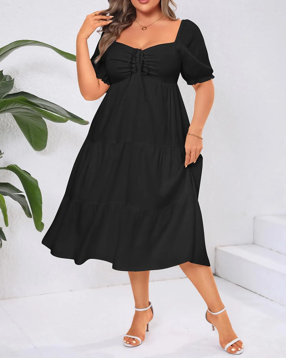 Plus Size Summer Dresses - Sweetheart Neck Drawstring Puff Sleeve Casual Wedding Guest Tiered Aline Flowy Midi Dress