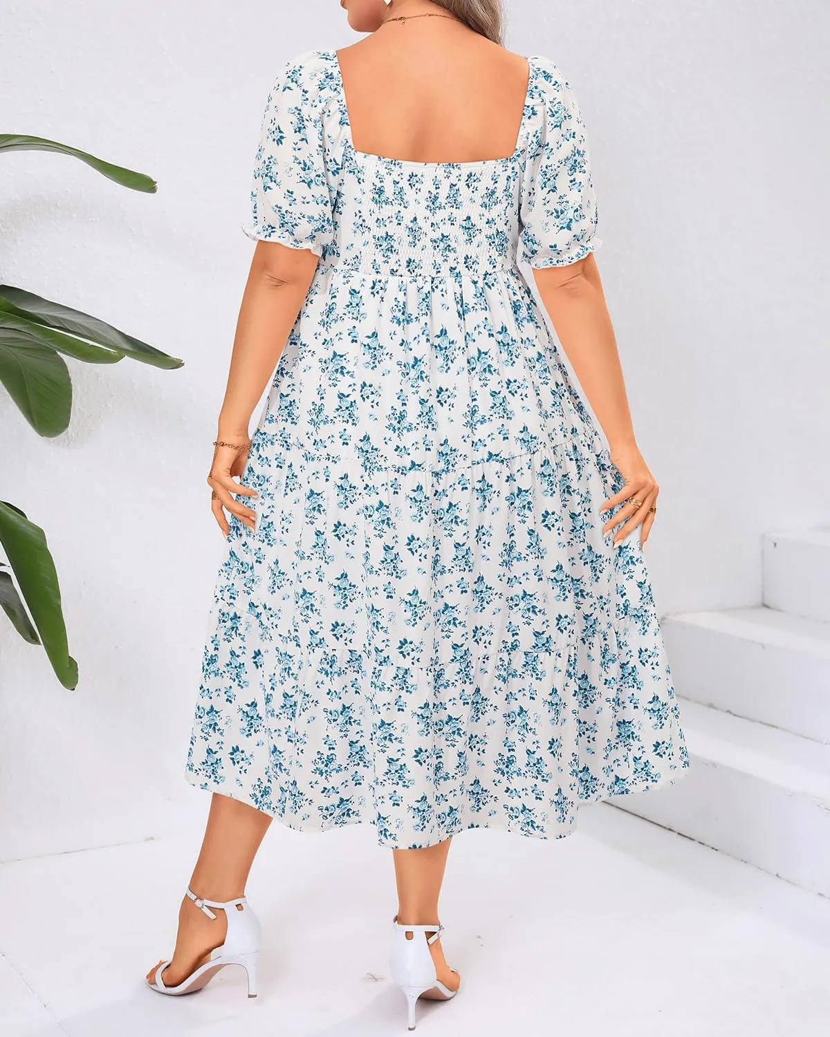 Plus Size Summer Dresses - Sweetheart Neck Drawstring Puff Sleeve Casual Wedding Guest Tiered Aline Flowy Midi Dress