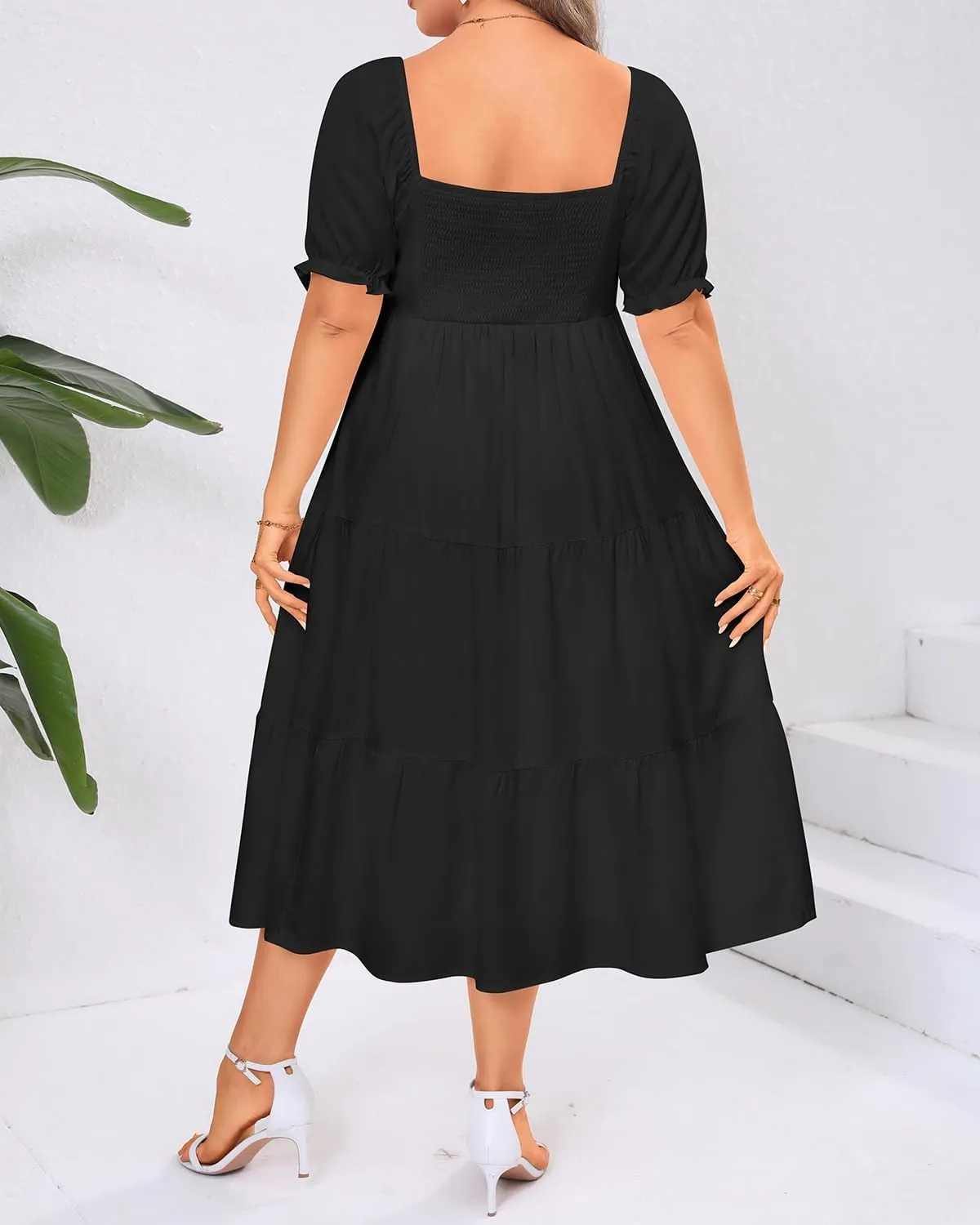 Plus Size Summer Dresses - Sweetheart Neck Drawstring Puff Sleeve Casual Wedding Guest Tiered Aline Flowy Midi Dress