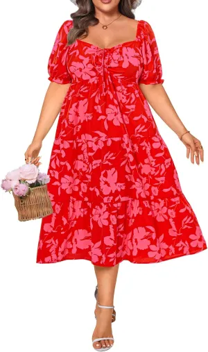 Plus Size Summer Dresses - Sweetheart Neck Drawstring Puff Sleeve Casual Wedding Guest Tiered Aline Flowy Midi Dress