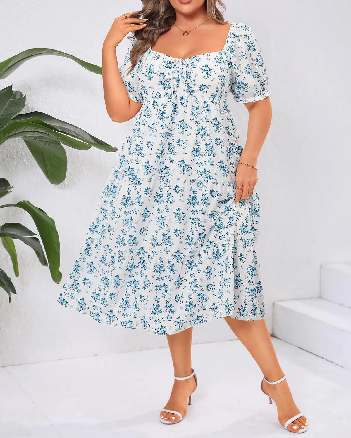 Plus Size Summer Dresses - Sweetheart Neck Drawstring Puff Sleeve Casual Wedding Guest Tiered Aline Flowy Midi Dress