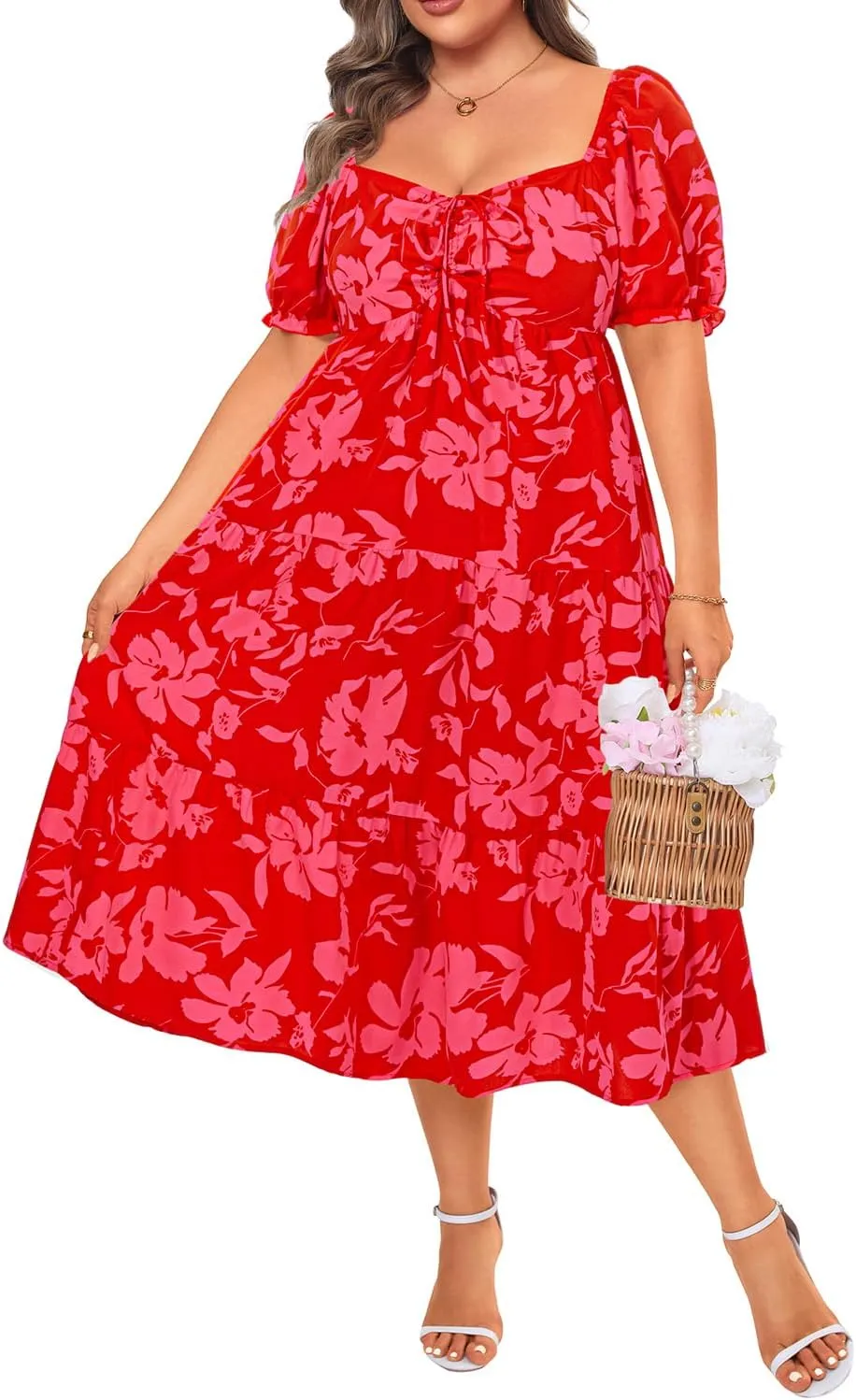 Plus Size Summer Dresses - Sweetheart Neck Drawstring Puff Sleeve Casual Wedding Guest Tiered Aline Flowy Midi Dress