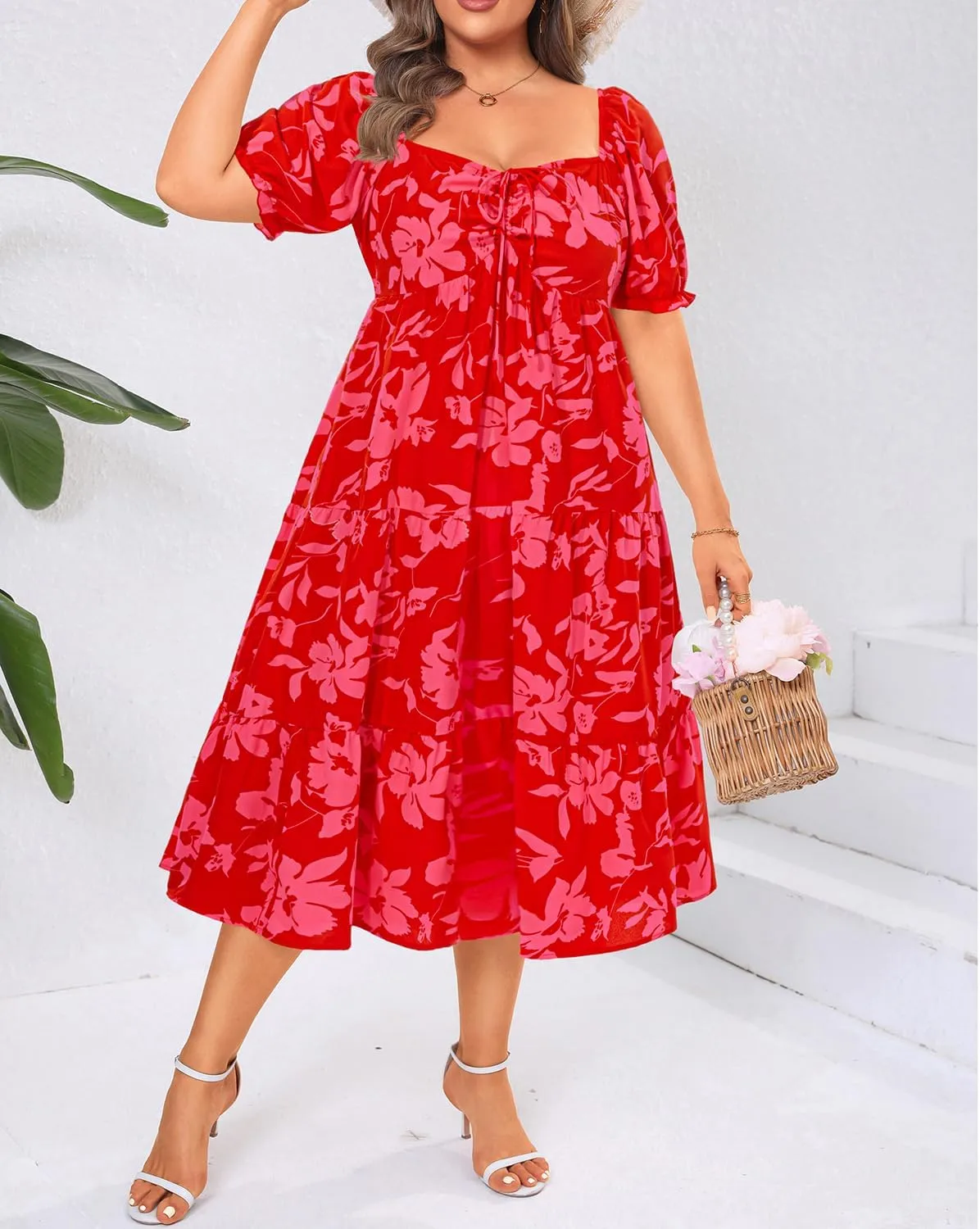 Plus Size Summer Dresses - Sweetheart Neck Drawstring Puff Sleeve Casual Wedding Guest Tiered Aline Flowy Midi Dress