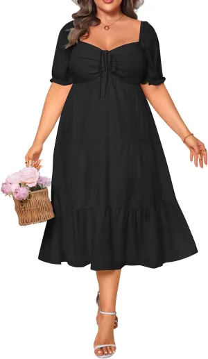 Plus Size Summer Dresses - Sweetheart Neck Drawstring Puff Sleeve Casual Wedding Guest Tiered Aline Flowy Midi Dress