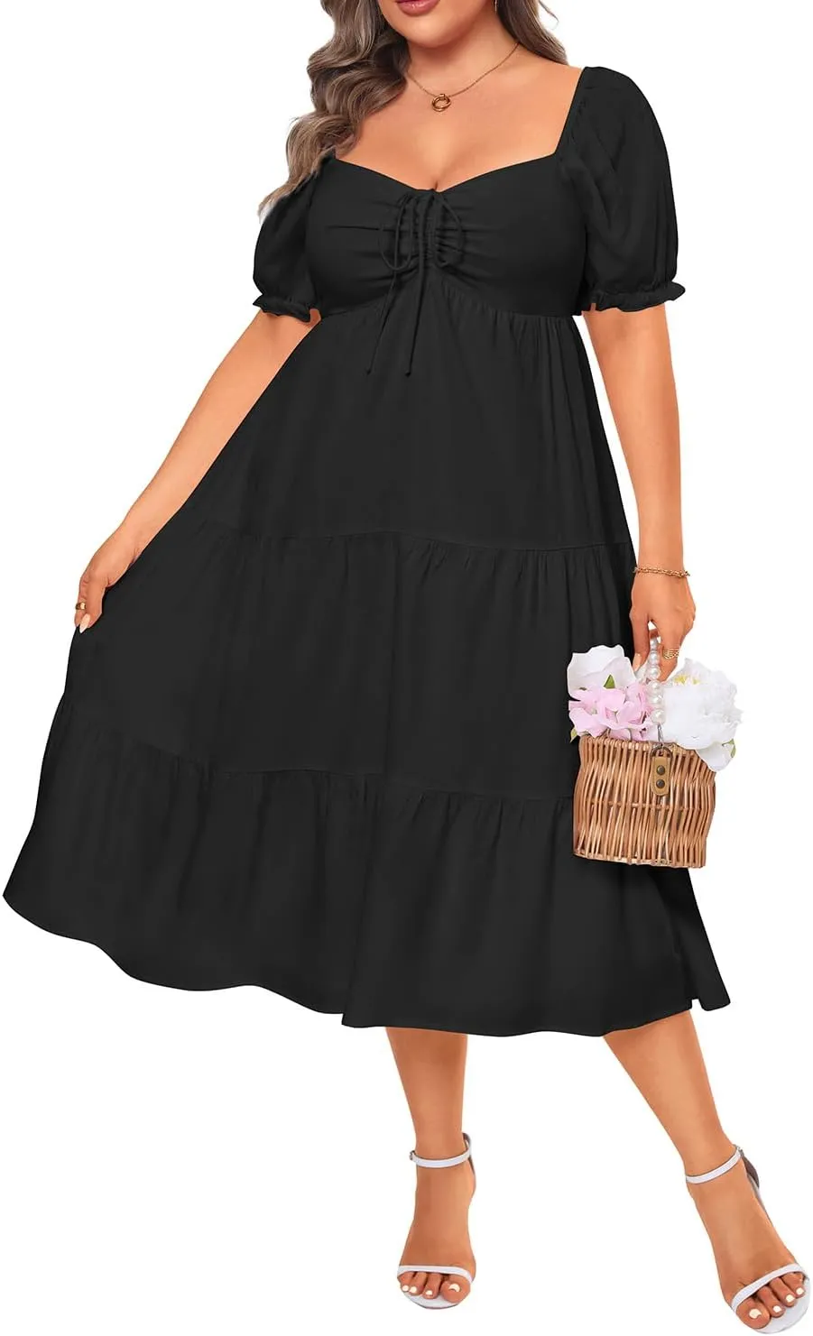Plus Size Summer Dresses - Sweetheart Neck Drawstring Puff Sleeve Casual Wedding Guest Tiered Aline Flowy Midi Dress