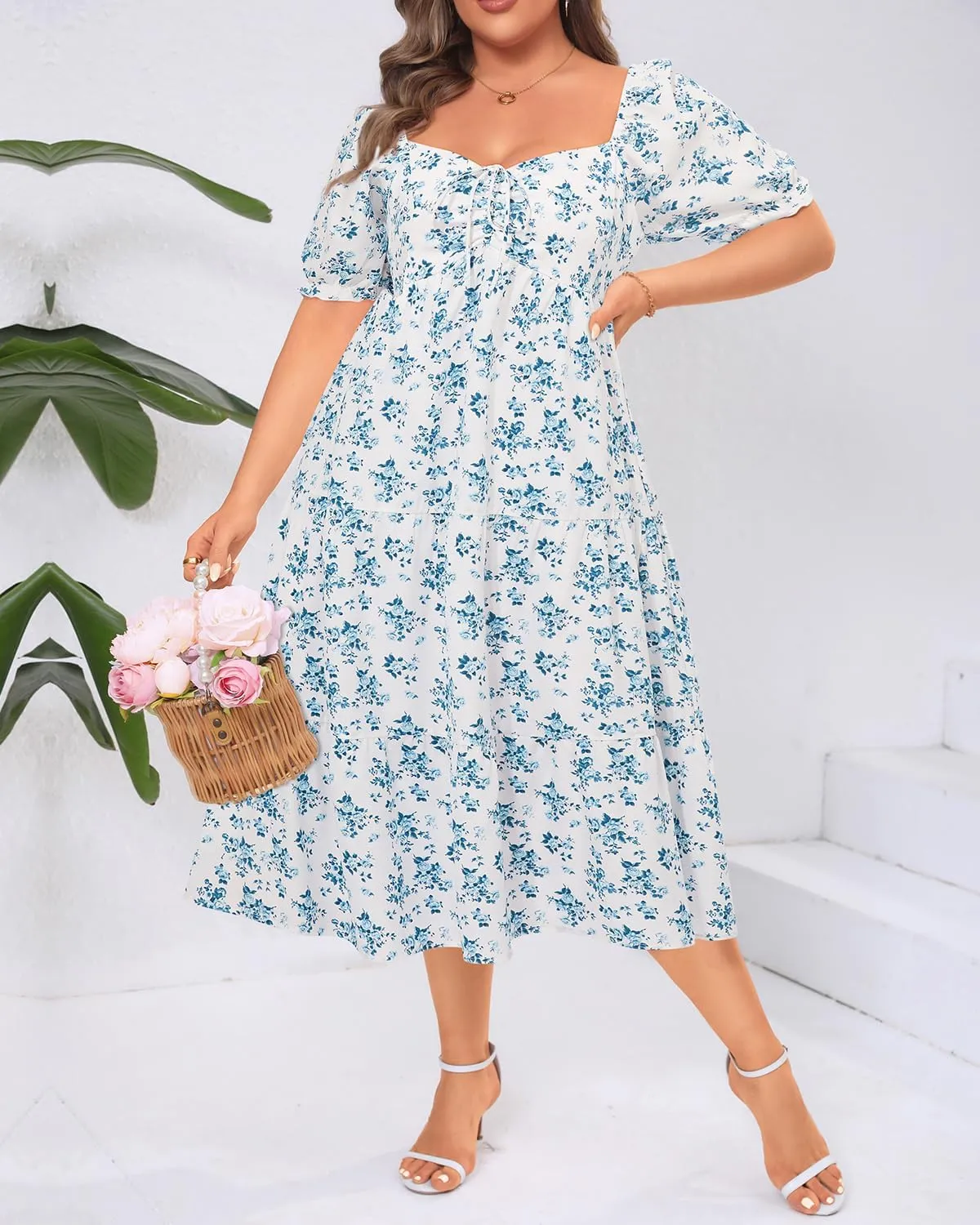 Plus Size Summer Dresses - Sweetheart Neck Drawstring Puff Sleeve Casual Wedding Guest Tiered Aline Flowy Midi Dress