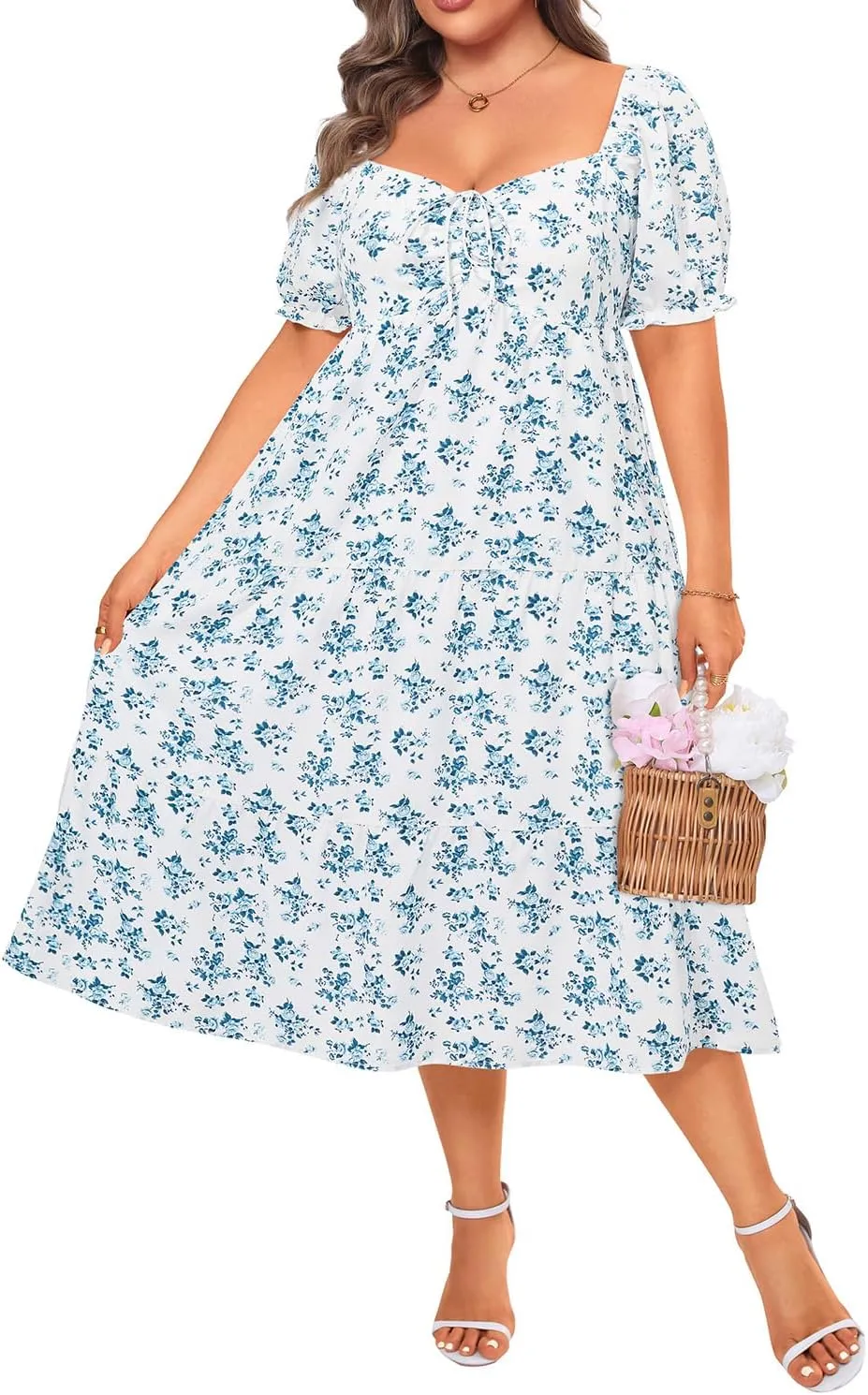 Plus Size Summer Dresses - Sweetheart Neck Drawstring Puff Sleeve Casual Wedding Guest Tiered Aline Flowy Midi Dress