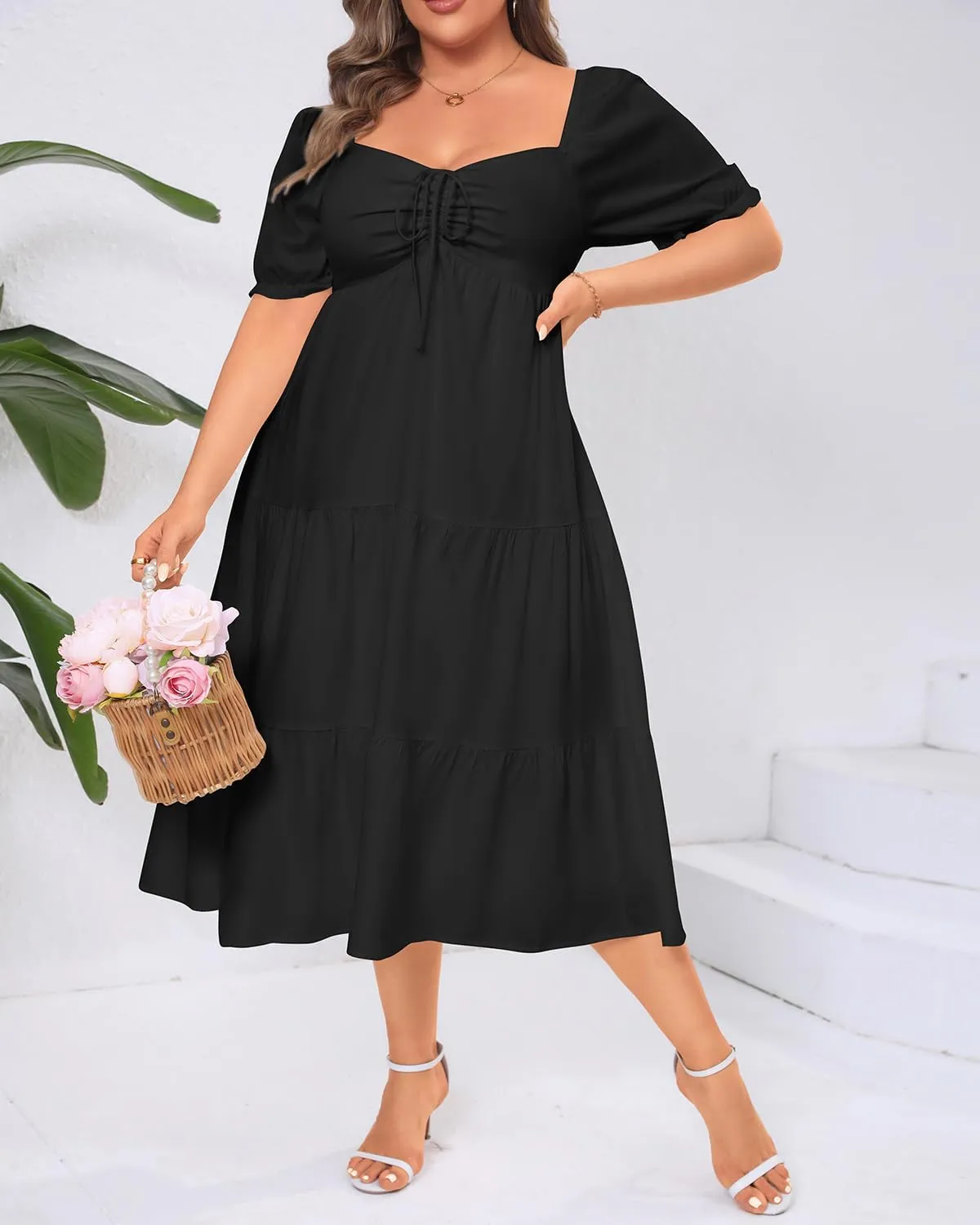 Plus Size Summer Dresses - Sweetheart Neck Drawstring Puff Sleeve Casual Wedding Guest Tiered Aline Flowy Midi Dress