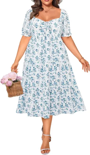 Plus Size Summer Dresses - Sweetheart Neck Drawstring Puff Sleeve Casual Wedding Guest Tiered Aline Flowy Midi Dress