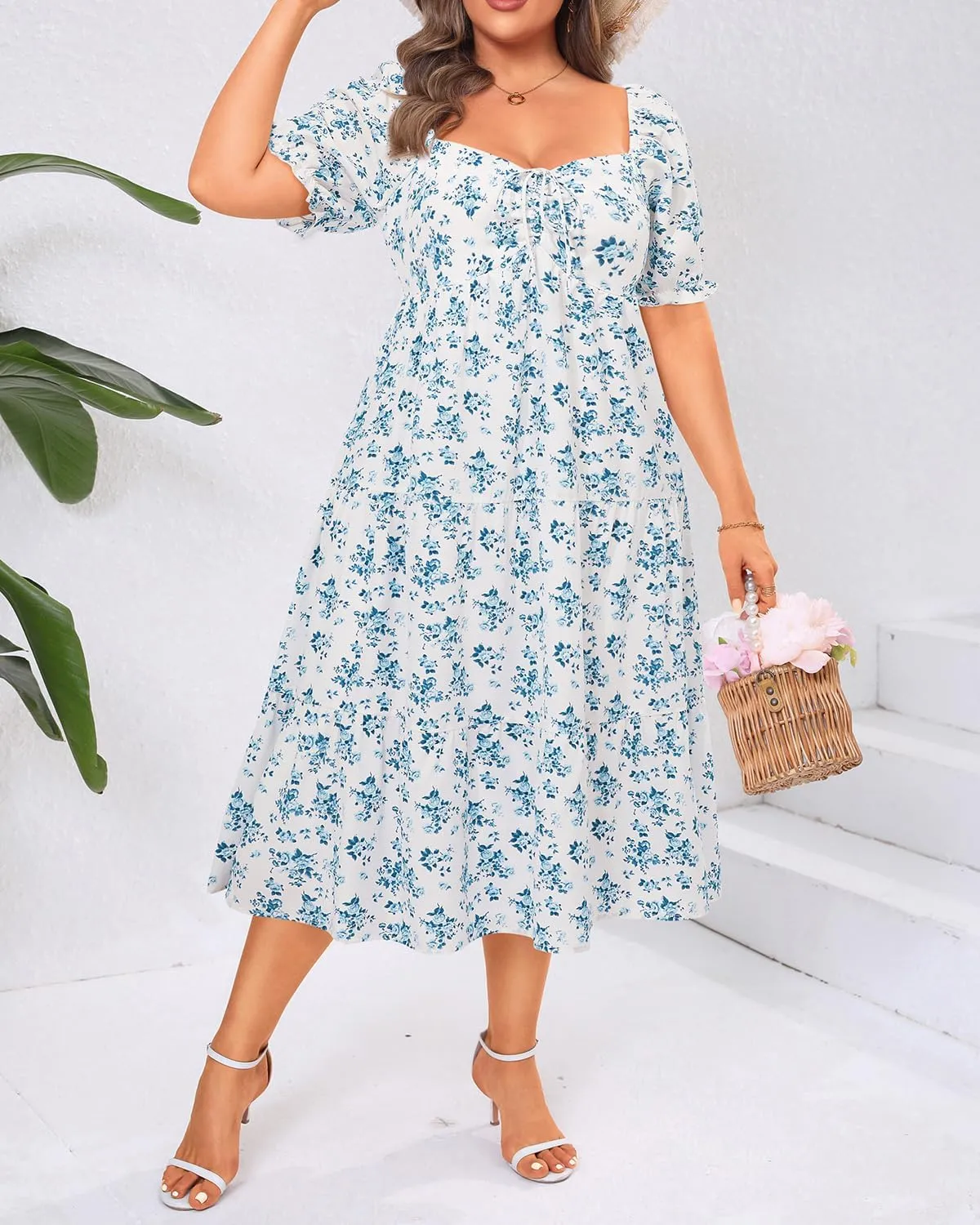 Plus Size Summer Dresses - Sweetheart Neck Drawstring Puff Sleeve Casual Wedding Guest Tiered Aline Flowy Midi Dress
