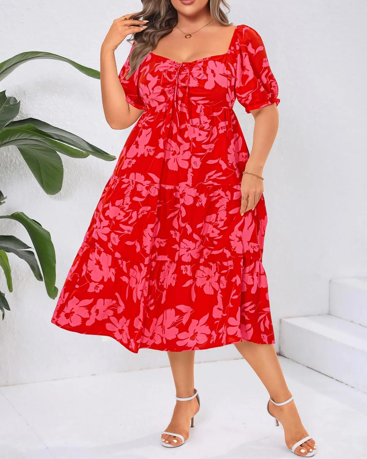 Plus Size Summer Dresses - Sweetheart Neck Drawstring Puff Sleeve Casual Wedding Guest Tiered Aline Flowy Midi Dress