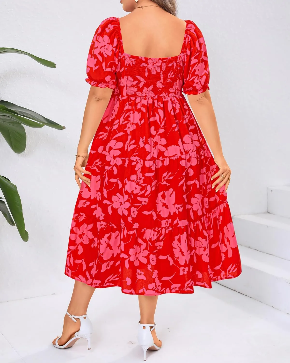 Plus Size Summer Dresses - Sweetheart Neck Drawstring Puff Sleeve Casual Wedding Guest Tiered Aline Flowy Midi Dress