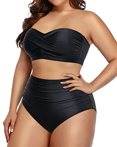 Plus Size Tummy Control Two Piece Bathing Suits For Women-Black