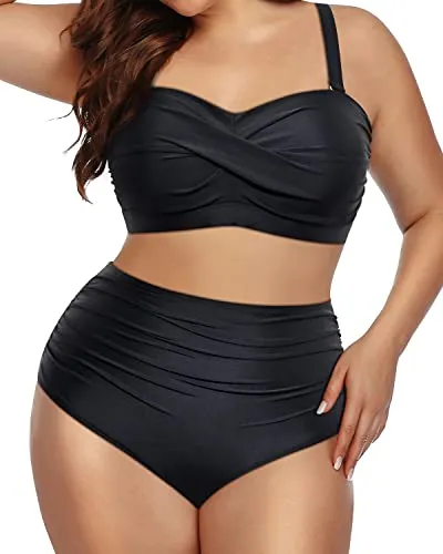 Plus Size Tummy Control Two Piece Bathing Suits For Women-Black