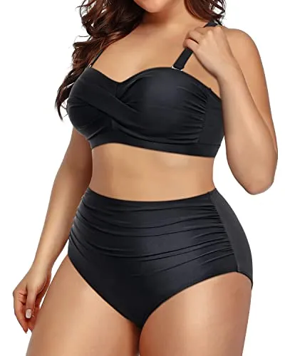 Plus Size Tummy Control Two Piece Bathing Suits For Women-Black