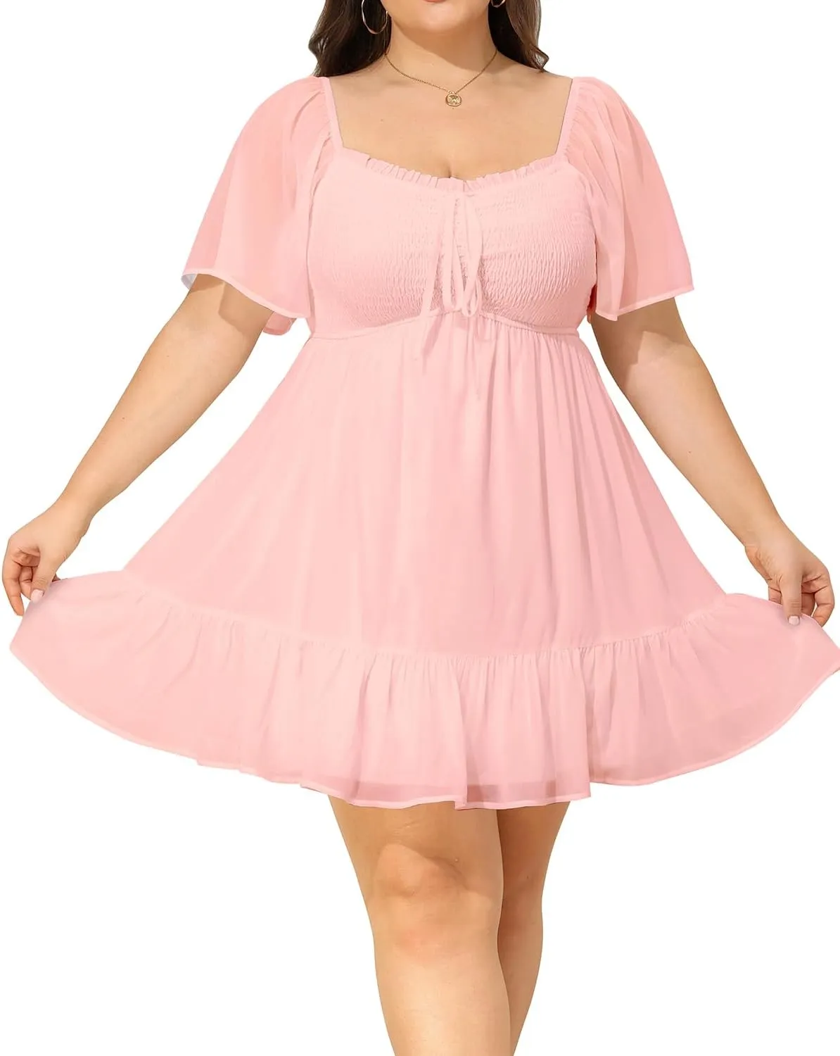 Plus Size Women's Sweetheart Neckline Dress Smocked Short Summer Sundress Chiffon Mini Cute Graduation Dresses
