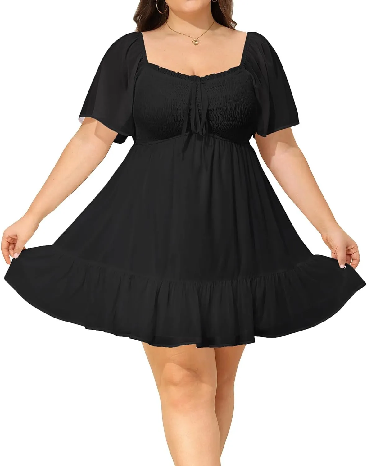 Plus Size Women's Sweetheart Neckline Dress Smocked Short Summer Sundress Chiffon Mini Cute Graduation Dresses