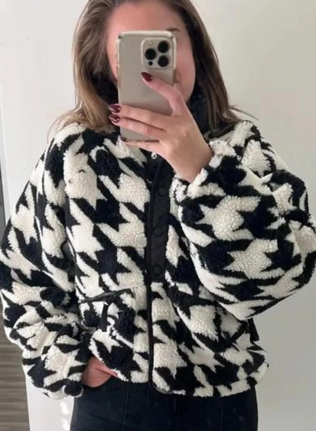 Printed Sherpa Jacket for Women Long Sleeve Button Down Fuzzy Fleece Coat Y2K Outerwear with Pockets