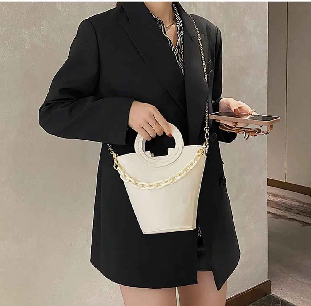PU Leather Single Shoulder Bucket Bag, Diagonal Bucket Bag Purses, Double Chain Small Bucket Bag, Hand Flower Pot Bag