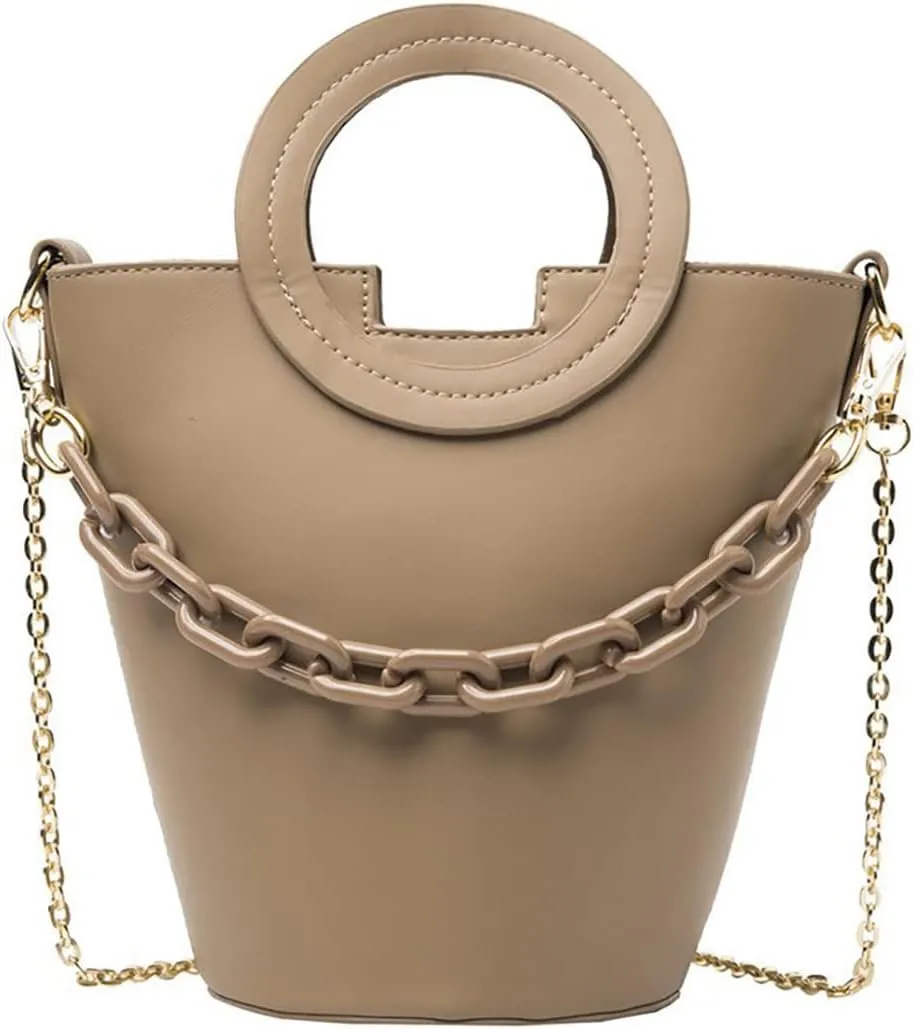 PU Leather Single Shoulder Bucket Bag, Diagonal Bucket Bag Purses, Double Chain Small Bucket Bag, Hand Flower Pot Bag