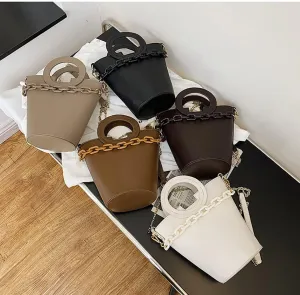 PU Leather Single Shoulder Bucket Bag, Diagonal Bucket Bag Purses, Double Chain Small Bucket Bag, Hand Flower Pot Bag