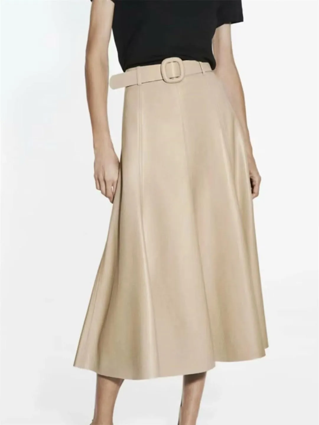 PU Leather Skirt Women's A-Line Skirts with Belt Beige Midi High-Waist Pleated Skirt Woman Skirts Faux Leather Skirt