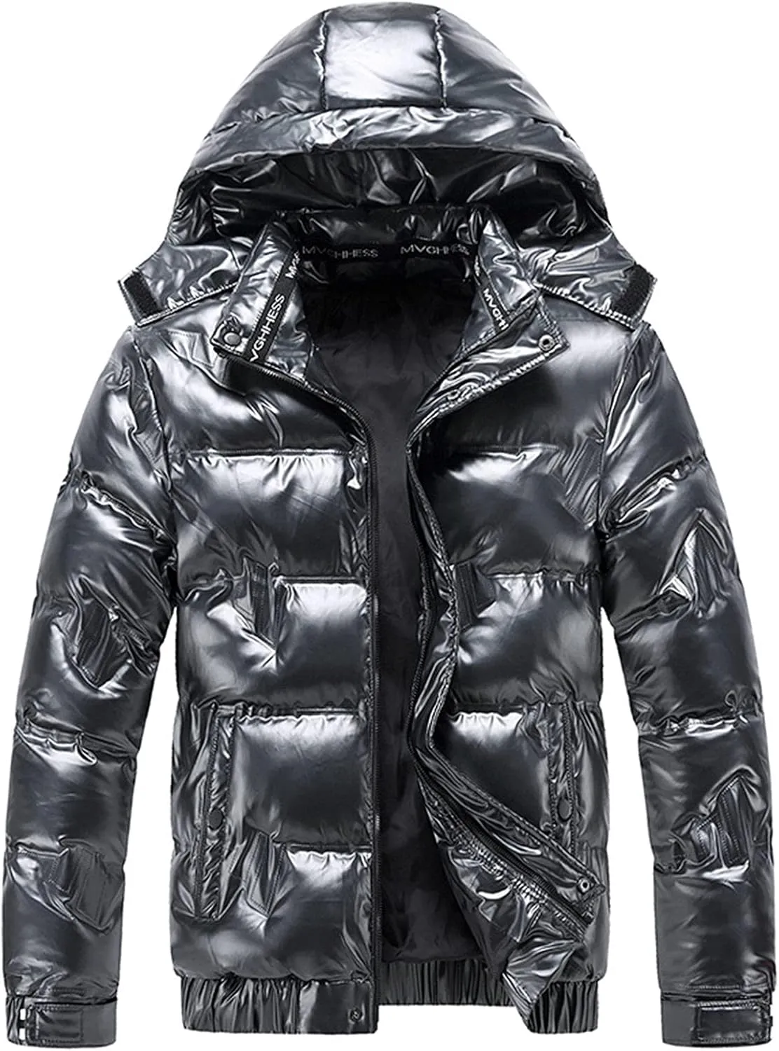 Puffer Jacket Men With Hood Waterproof Shiny Reflective Down Coat Lightweight Packable Winter Thicken Bubble Jackets
