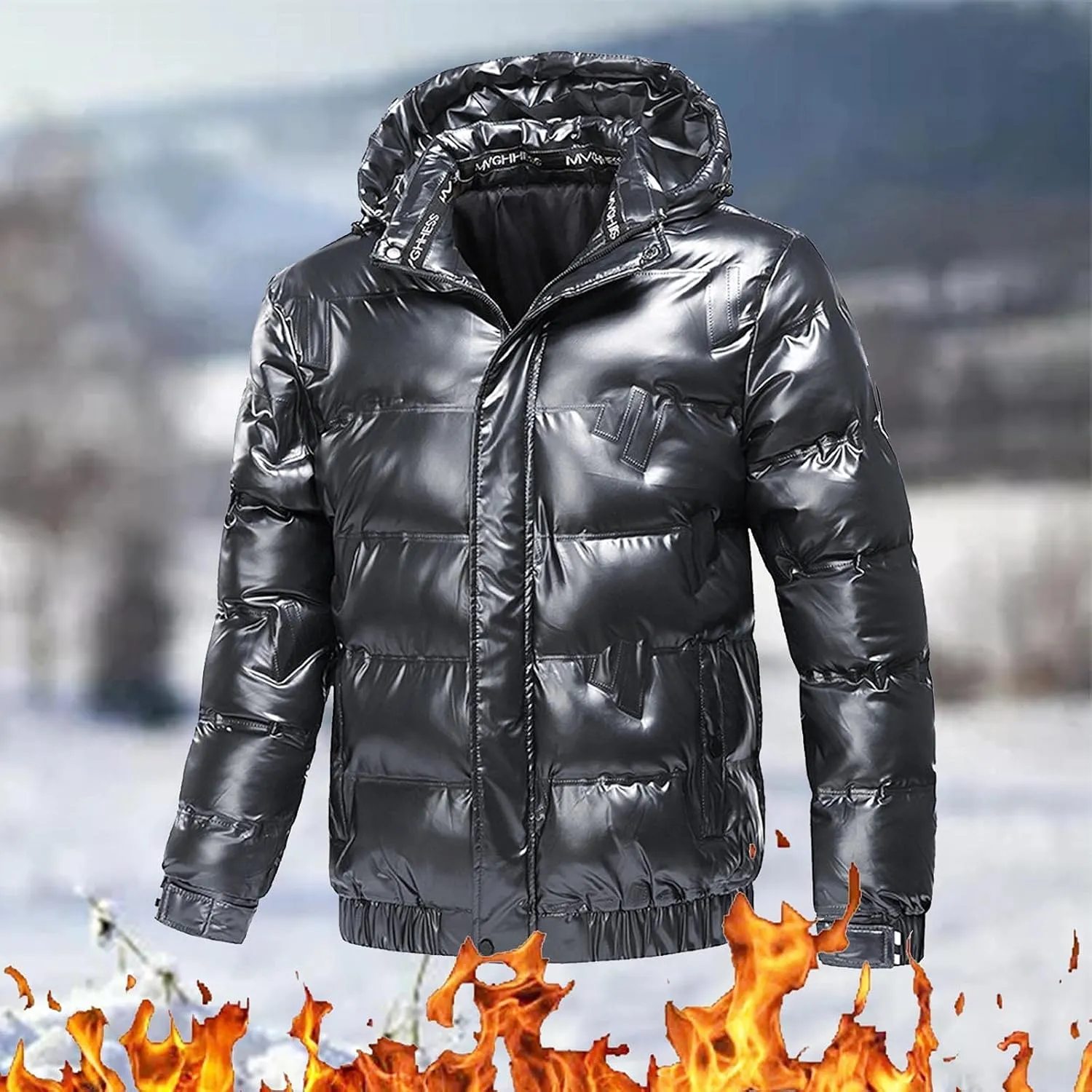 Puffer Jacket Men With Hood Waterproof Shiny Reflective Down Coat Lightweight Packable Winter Thicken Bubble Jackets
