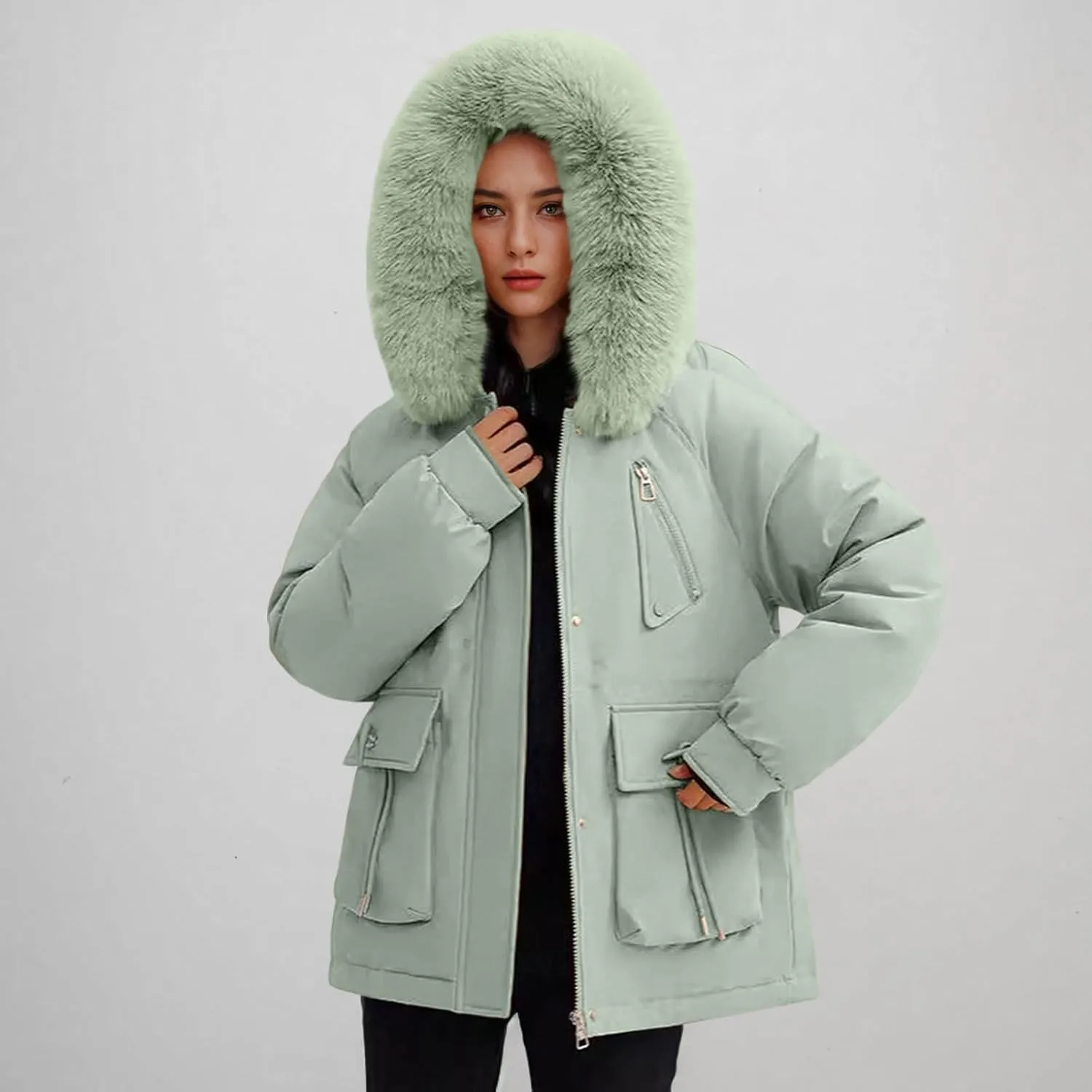 Puffer Jacket Womens Winter Warm Down Coats Casual Thicken Parkas Zip Up Fleece Down Jackets Drawstring Waist Outwear