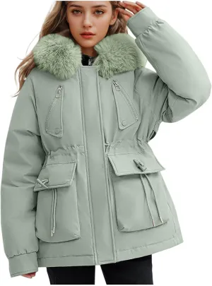 Puffer Jacket Womens Winter Warm Down Coats Casual Thicken Parkas Zip Up Fleece Down Jackets Drawstring Waist Outwear