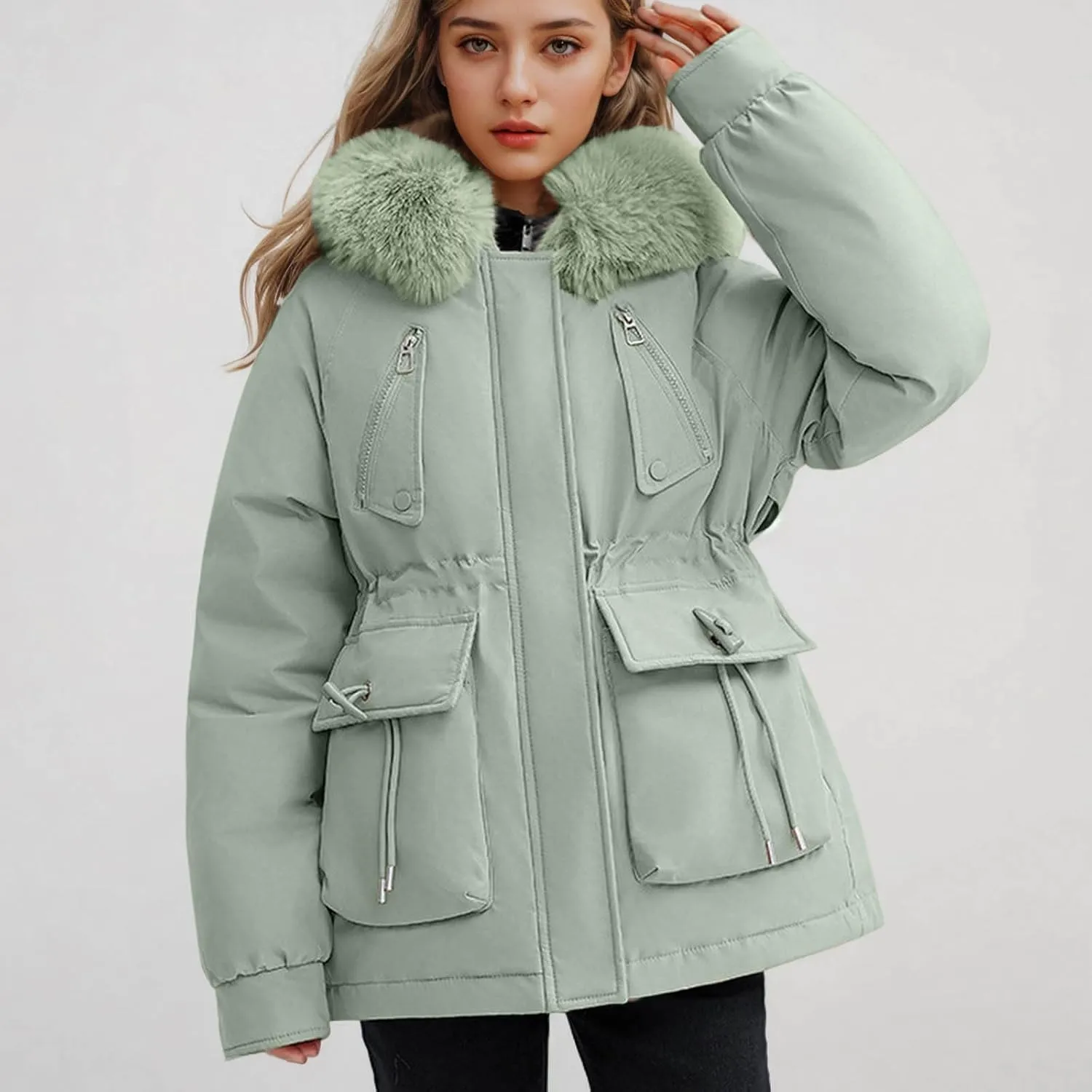 Puffer Jacket Womens Winter Warm Down Coats Casual Thicken Parkas Zip Up Fleece Down Jackets Drawstring Waist Outwear