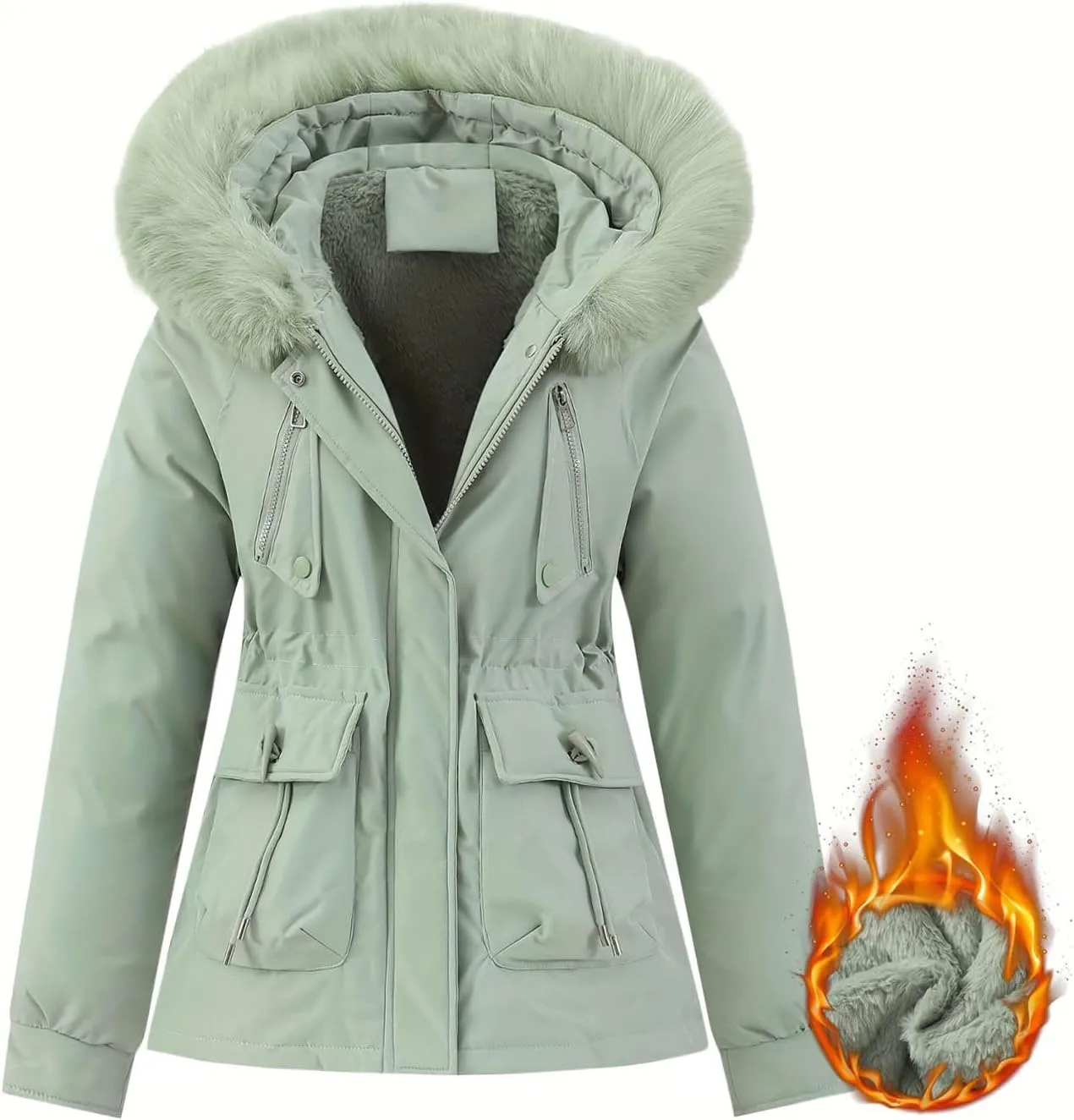 Puffer Jacket Womens Winter Warm Down Coats Casual Thicken Parkas Zip Up Fleece Down Jackets Drawstring Waist Outwear