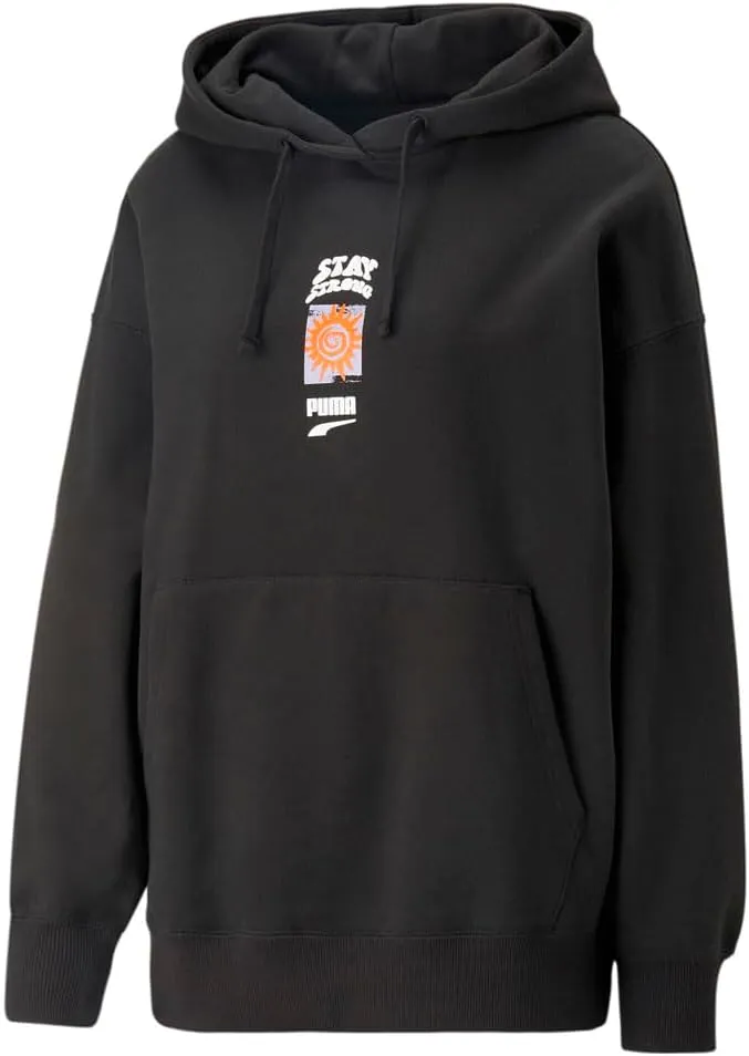PUMA Womens Downtown Oversized Graphic Hoodie Athletic Outerwear Casual Hoodie Comfort Technology - Black - Size XS