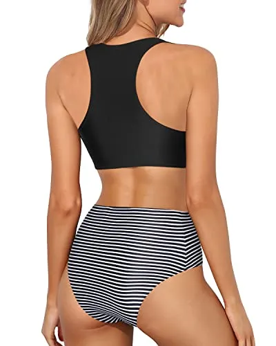 Racerback High Neck Sporty Bikini Set High Waisted Bottom-Black Stripe