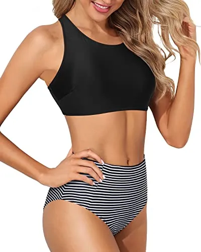 Racerback High Neck Sporty Bikini Set High Waisted Bottom-Black Stripe