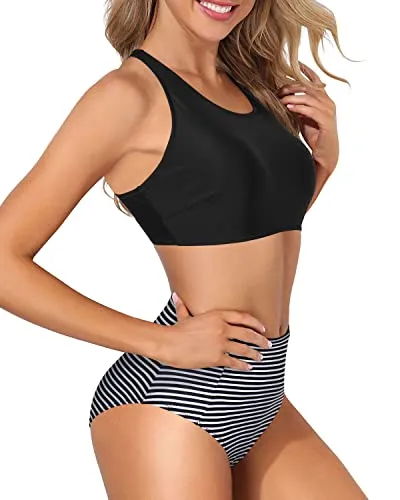 Racerback High Neck Sporty Bikini Set High Waisted Bottom-Black Stripe