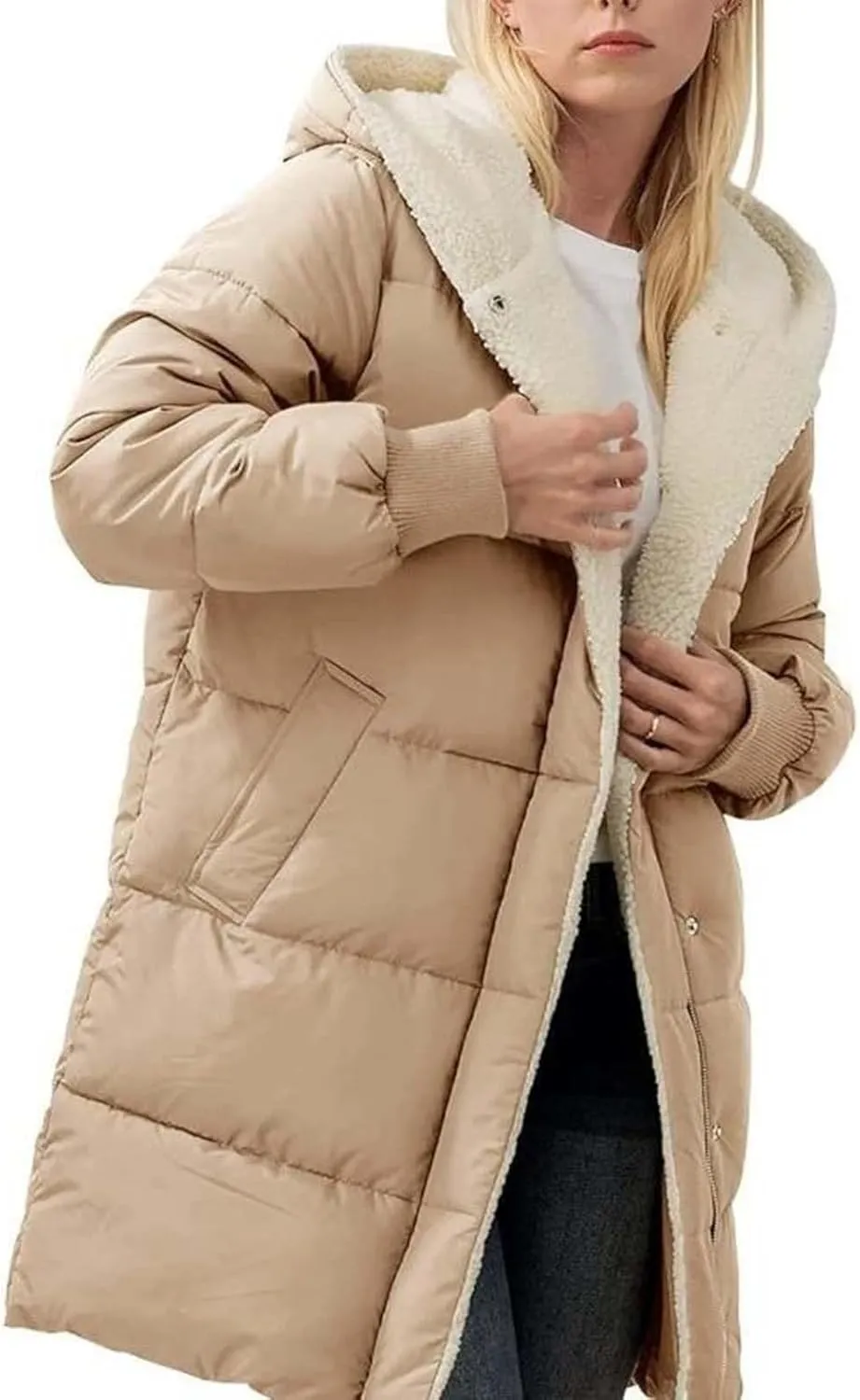 Reversible Fuf Fleece Lined Hood Puffer Jacket Lightweight Winter Coat Long Puffer Coat Coats for Women Ladies