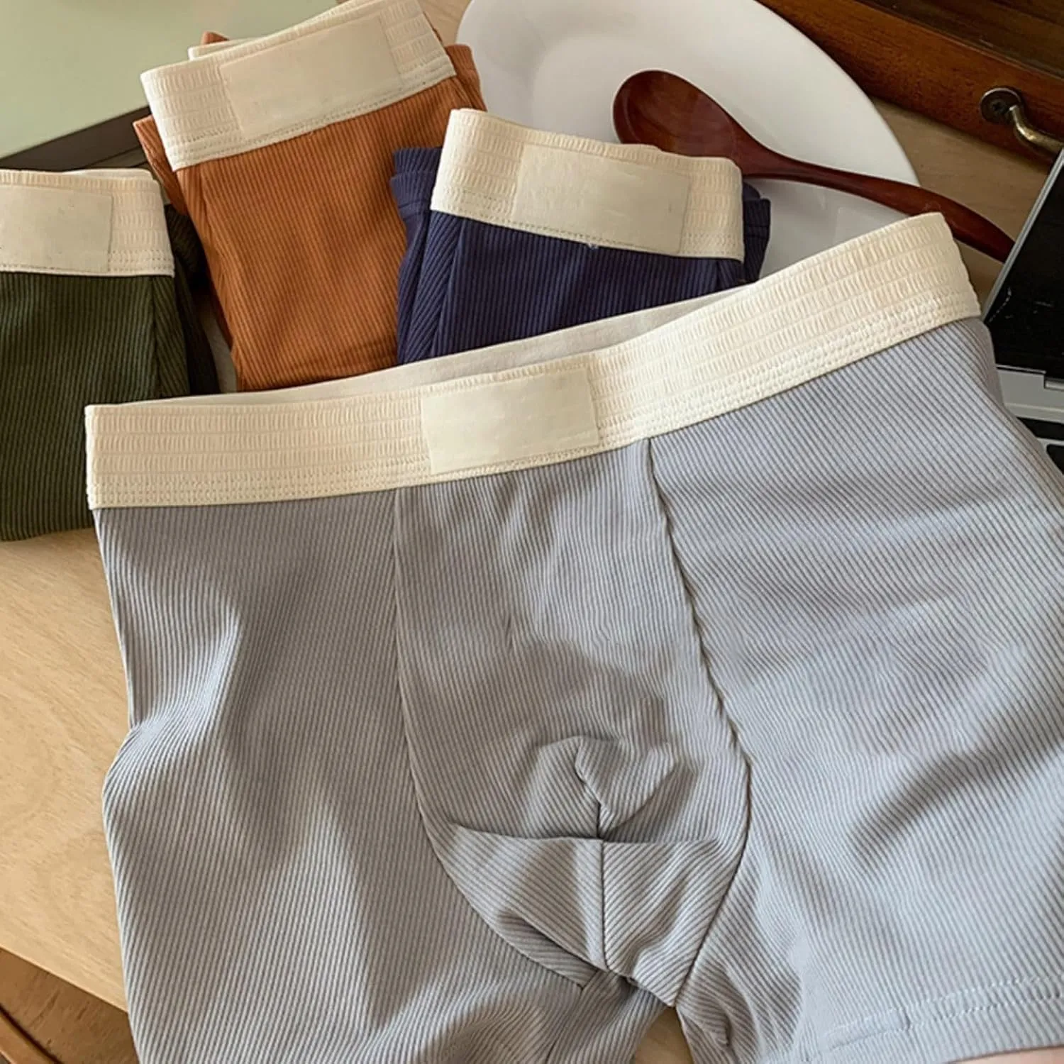 Rib Cotton Boxer Briefs for Men Casual Soft Underwear Mens Plain Breathable Boxers Ribbed Trunks Underwear