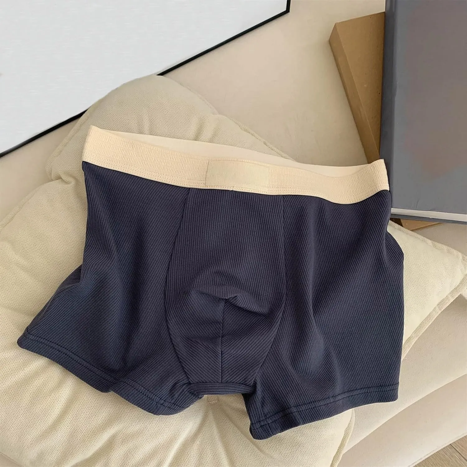 Rib Cotton Boxer Briefs for Men Casual Soft Underwear Mens Plain Breathable Boxers Ribbed Trunks Underwear