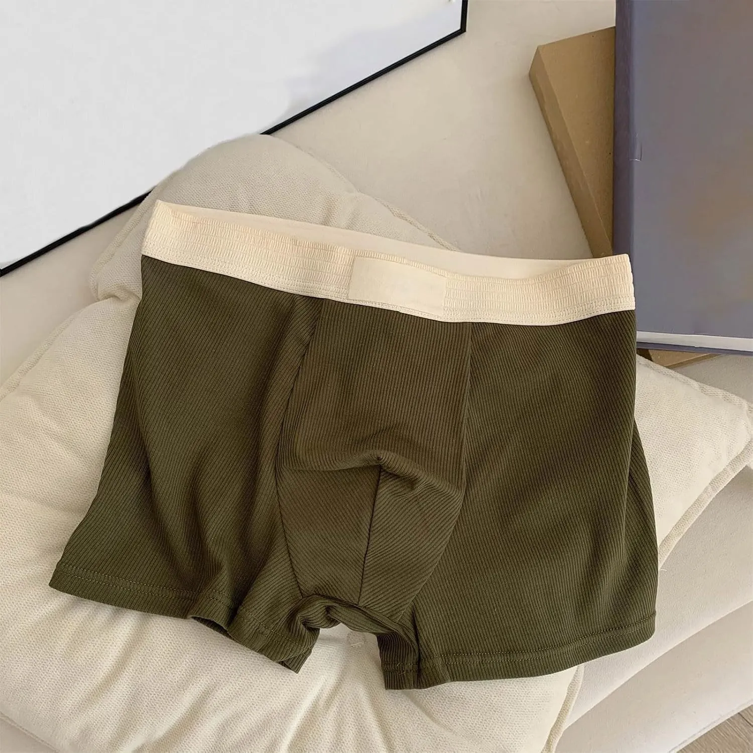 Rib Cotton Boxer Briefs for Men Casual Soft Underwear Mens Plain Breathable Boxers Ribbed Trunks Underwear