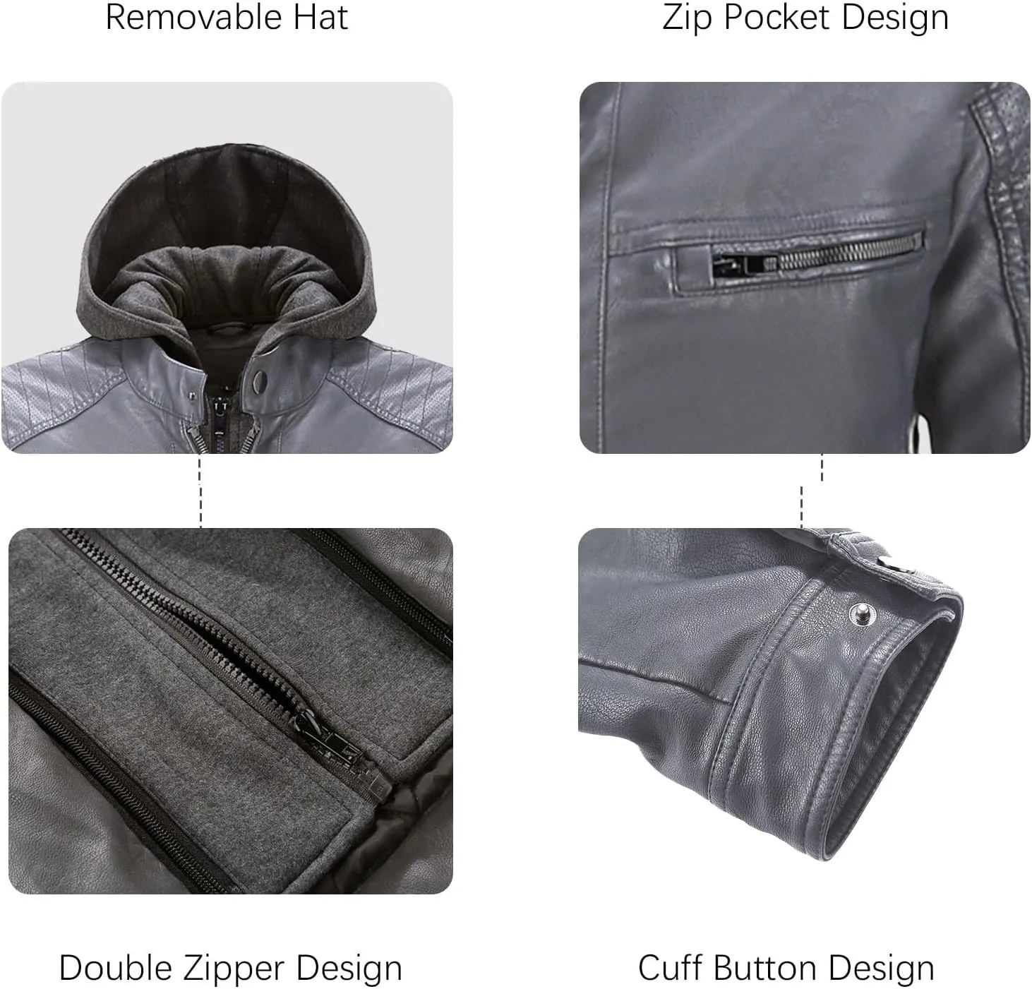 RISISSIDA Men's Faux Leather Bomber Jacket for Fall Winter and Spring, Warm Double Zipper Up Coat with Detachable Hood