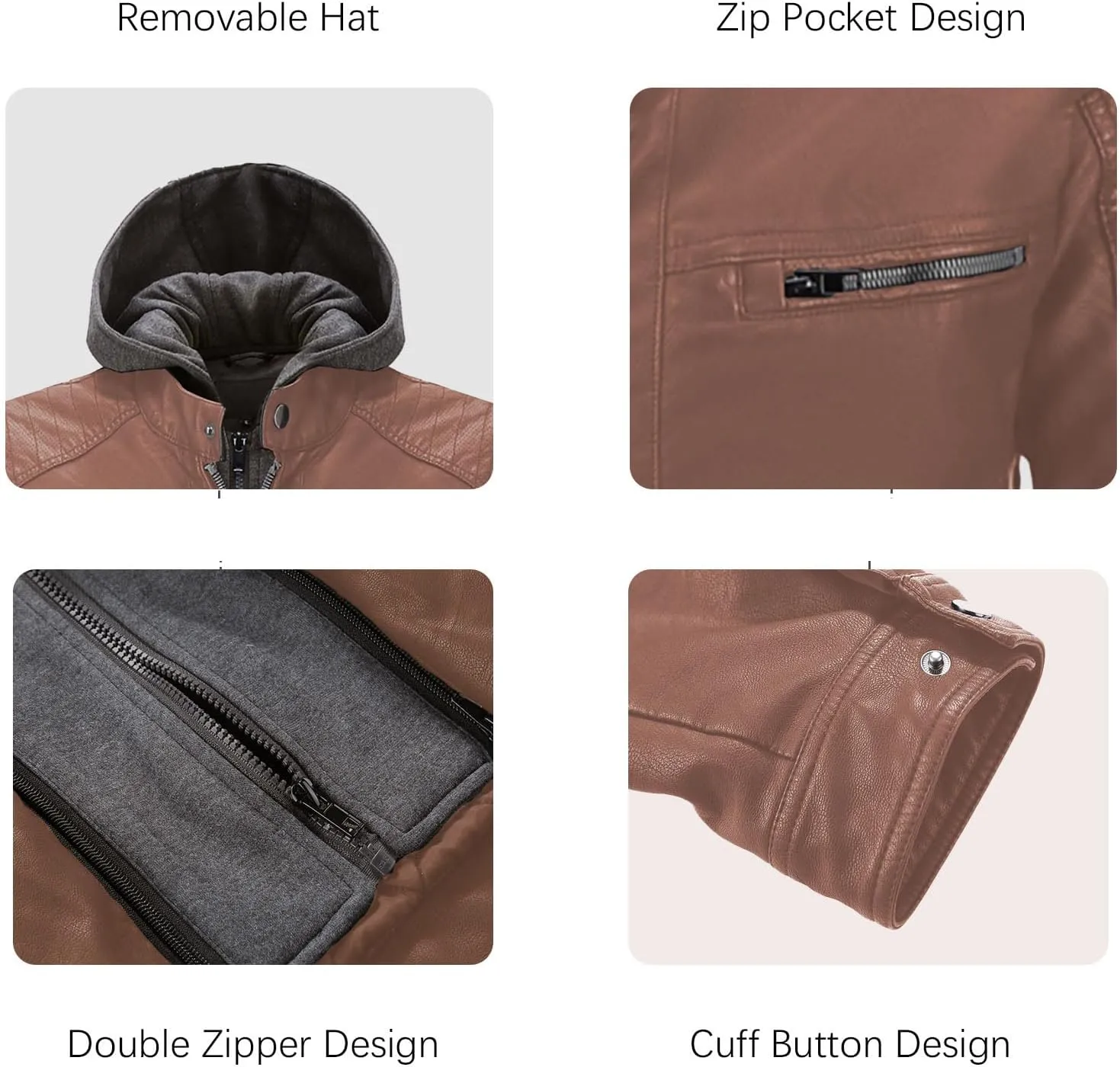 RISISSIDA Men's Faux Leather Bomber Jacket for Fall Winter and Spring, Warm Double Zipper Up Coat with Detachable Hood